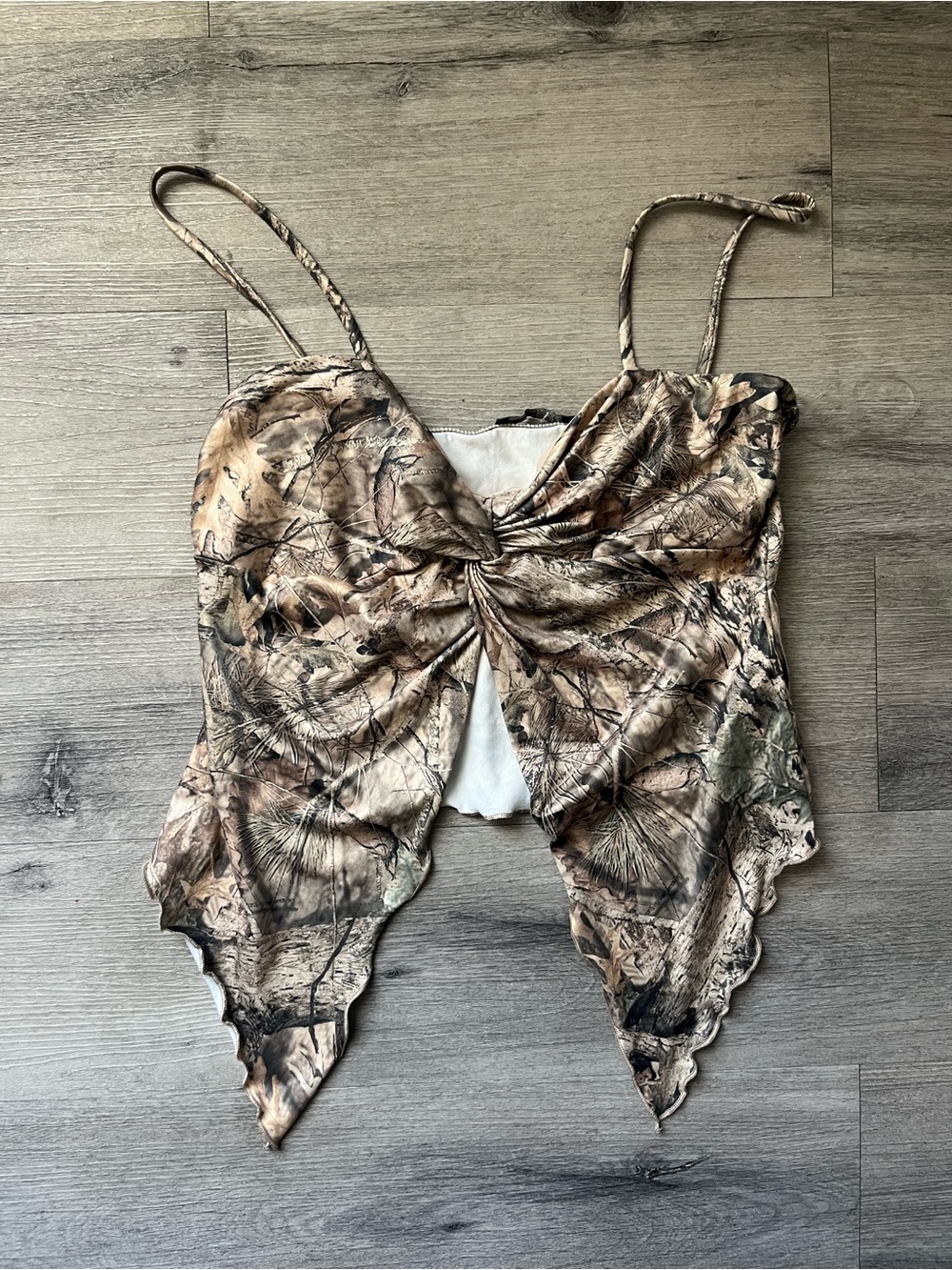 Papermoon Brown Camo Twist-Front Handkerchief Hem Cami